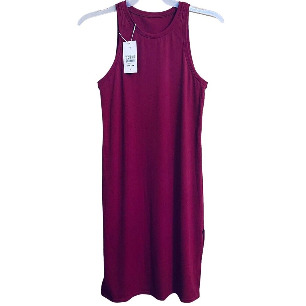 Halara Cloudful Air Round Neck Split Hem Cool Touch Dress Small Cordovan NEW